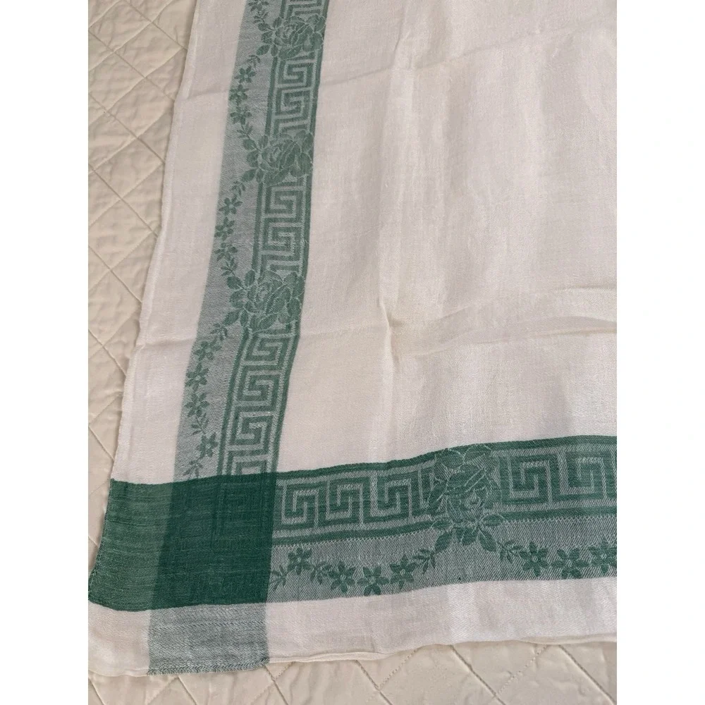 Vintage Linen Damask Tablecloth 32x32 Green Greek Key Floral Border